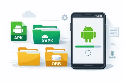 Flat illustration of APK, XAPK, and OBB file folders beside a phone showing the Android logo