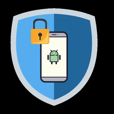 Blue shield icon with a padlock over a phone showing the Android logo