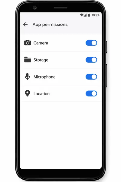 Android app permissions screen showing Camera, Storage, Microphone, and Location toggles