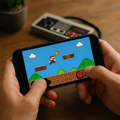 Hands holding a phone playing a pixel platformer with a retro controller nearby