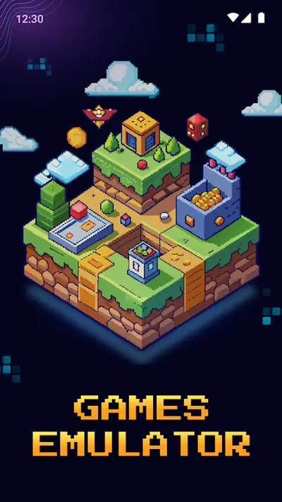 Games Emulator app graphic with a pixel-art floating island