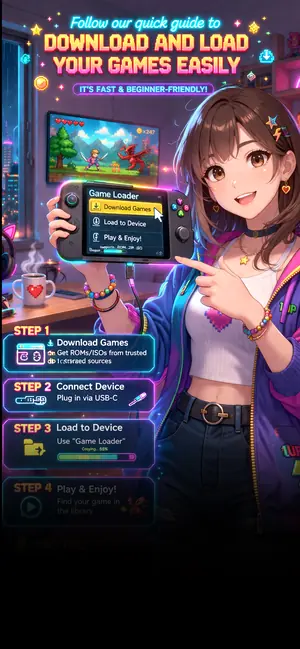 Delta Emulator game loader screen explaining how to download and load games