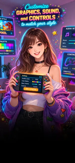 Delta Emulator settings screen for graphics style, color palette, music volume, and controls